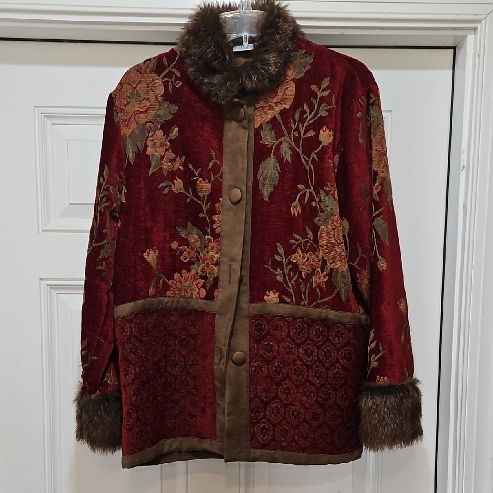 Vintage Tapestry Barn Jacket With Fake Fur Trim
